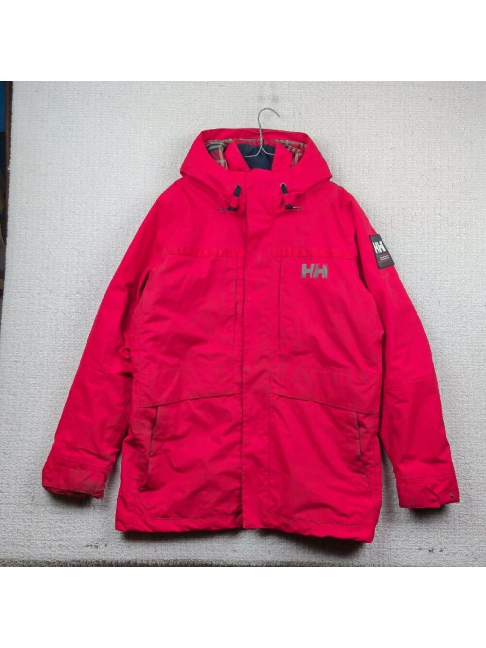 Helly Hansen Jacket Mens L Red PrimaLoft Insulated Hooded Parka Plaid Lining